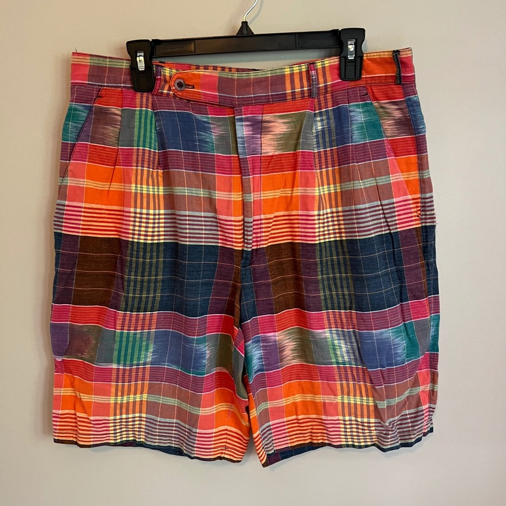 Vintage Structure Mens 36 Madras Plaid Pleated Shorts Multicolor Cotton USA Made
